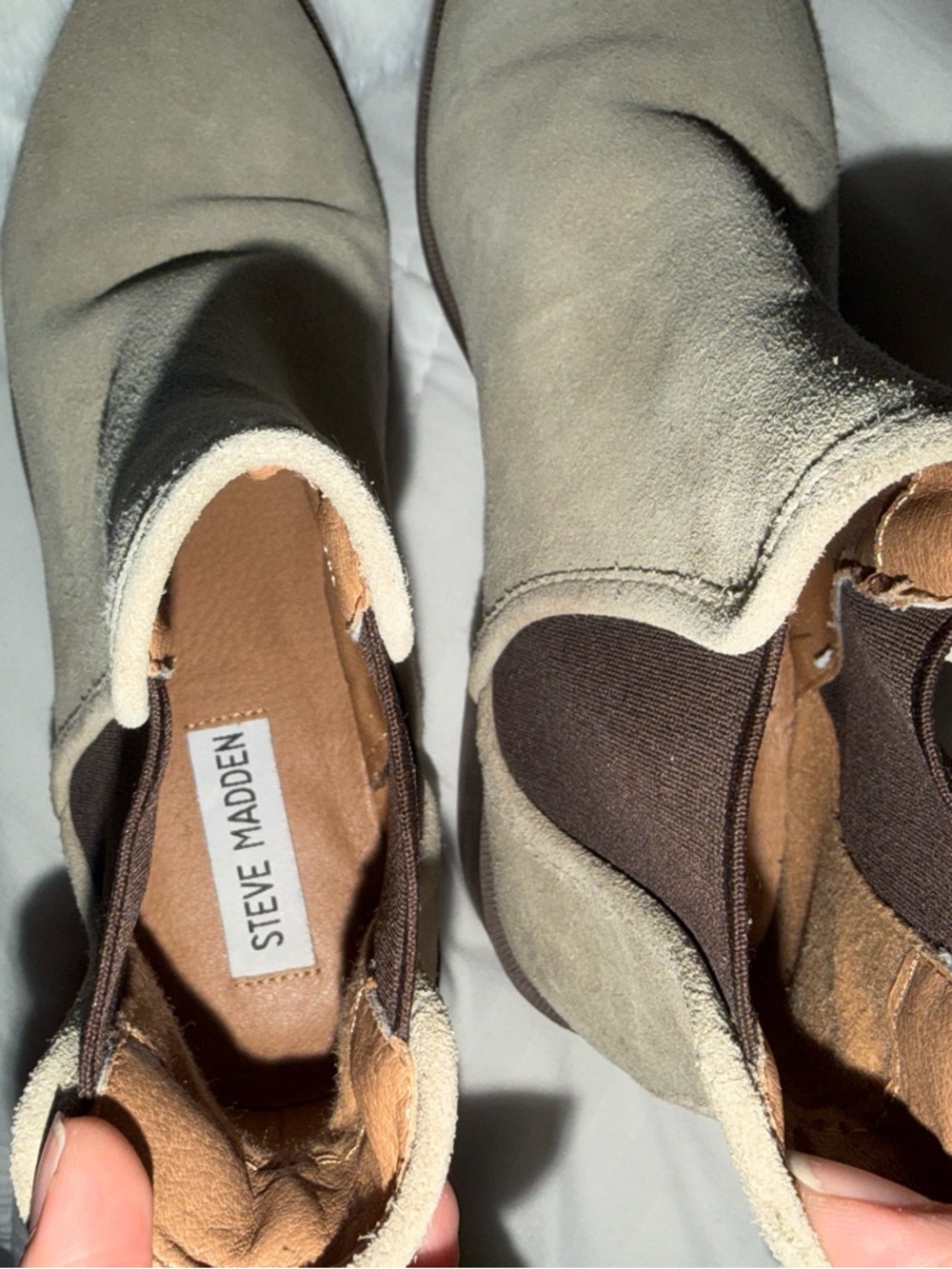 Steve Madden Beige Suede Chelsea Ankle Boots with Brown Elastic - Picture 3 of 5